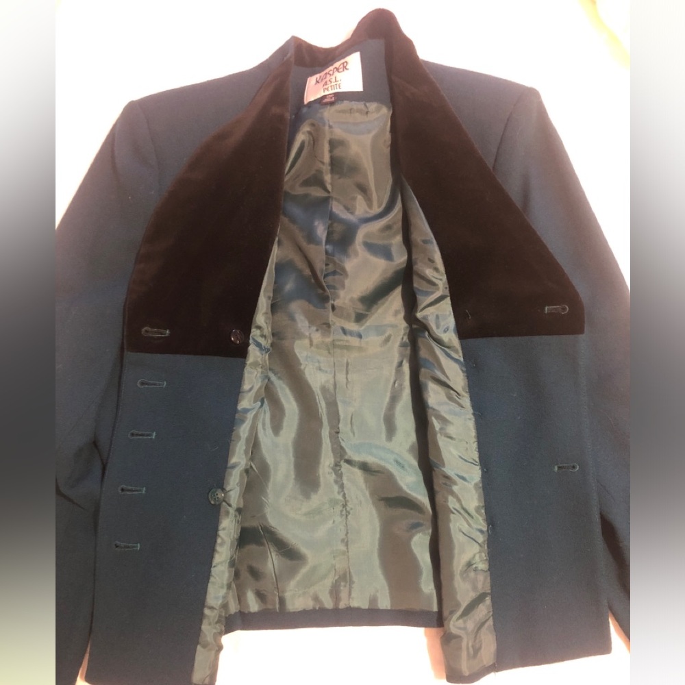 Kasper ASL Petite Vintage 90s Dark Green Blazer Black Velvet lapels Jacket 12P - Picture 8 of 11